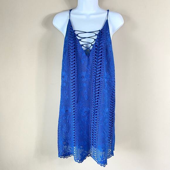 ASTR Dress Crochet Lace Floral Mini Shift Sleeveless Lace-Up V Neck Blue Boho S - Picture 2 of 7